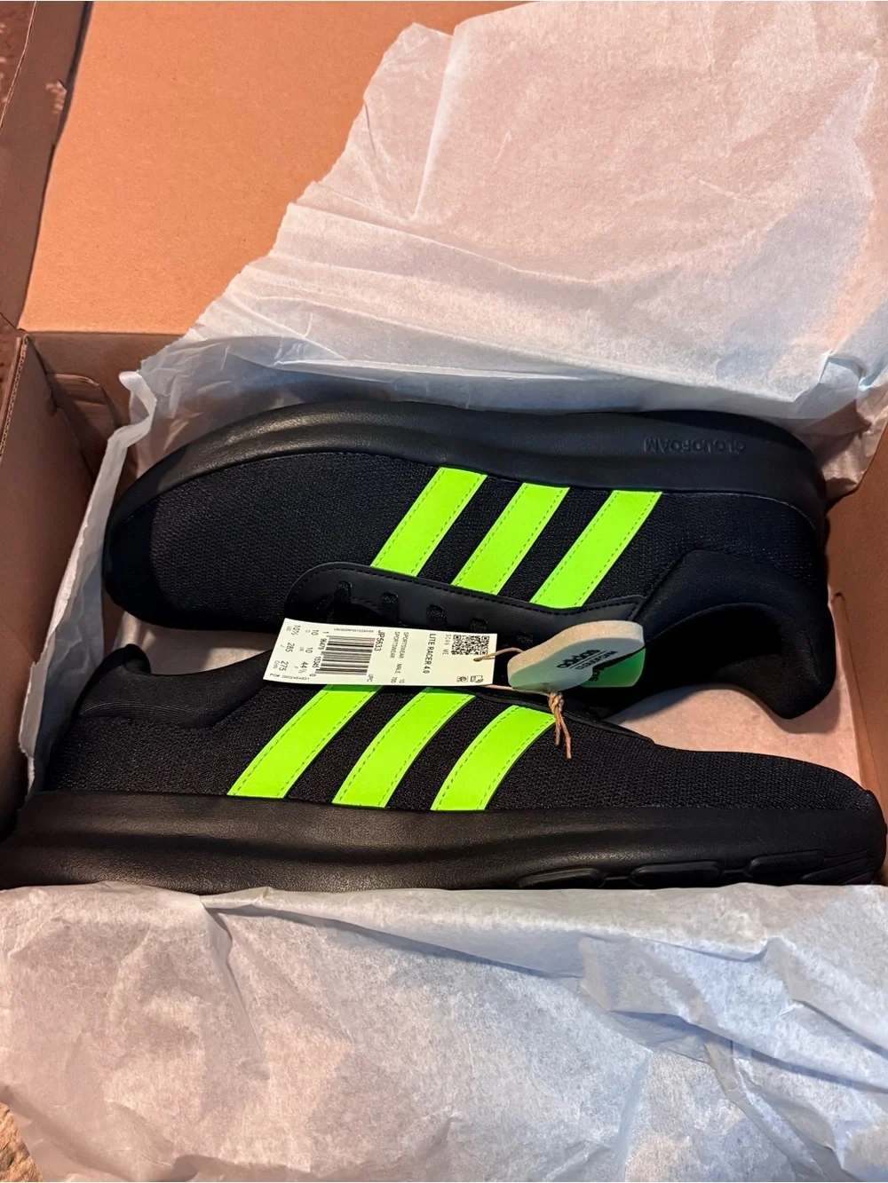 adidas Men's Lite Racer 4.0 Black Running Shoes with Neon Green Stripes